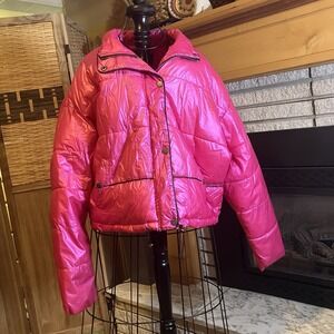 LA Coalition Cropped Puffer Jacket Hot Pink‎ Size Large Opalescent Metallic